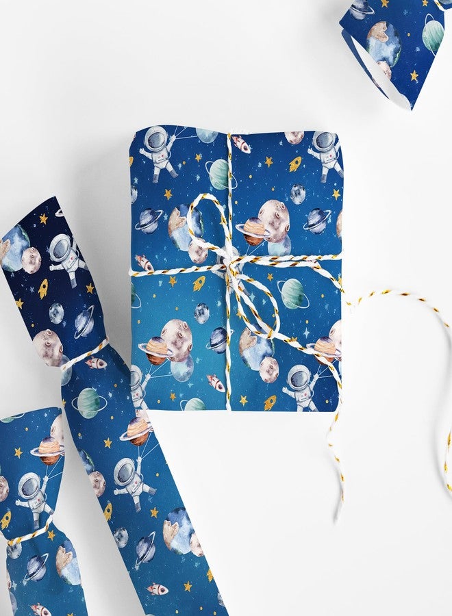 Whaline 6 Sheets Outer Space Wrapping Paper - Not Roll - Blue Astronaut Planet Gift Wrap Paper Folded Flat for Birthday Baby Shower DIY Crafts, 19.7 x 27.6 In - Image 4